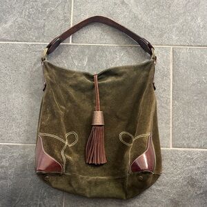 Olive Suede Tassel Shoulder Hobo Bag with Brown Leather Trim